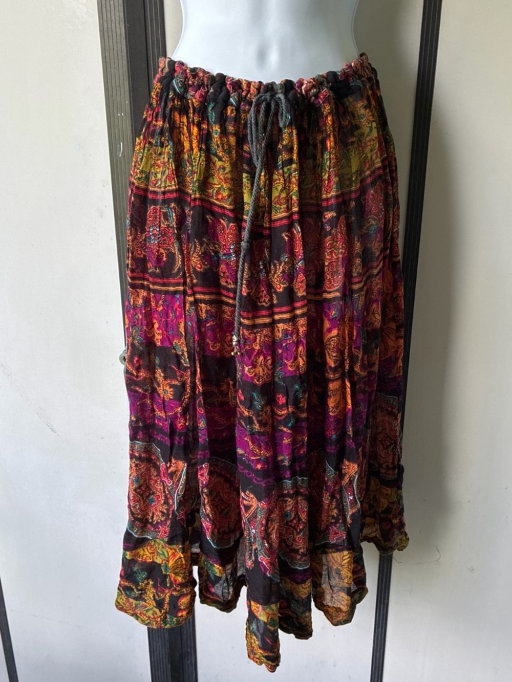 Boho Paisley Tiered Maxi Skirt - Black & Multicolor